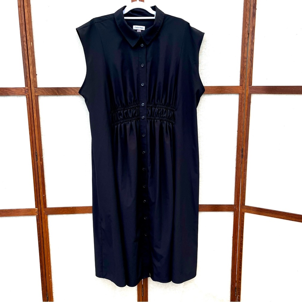 Calvin Klein Black Sleeveless Collar Ruched Elastic Waist Midi Dress - Size 20